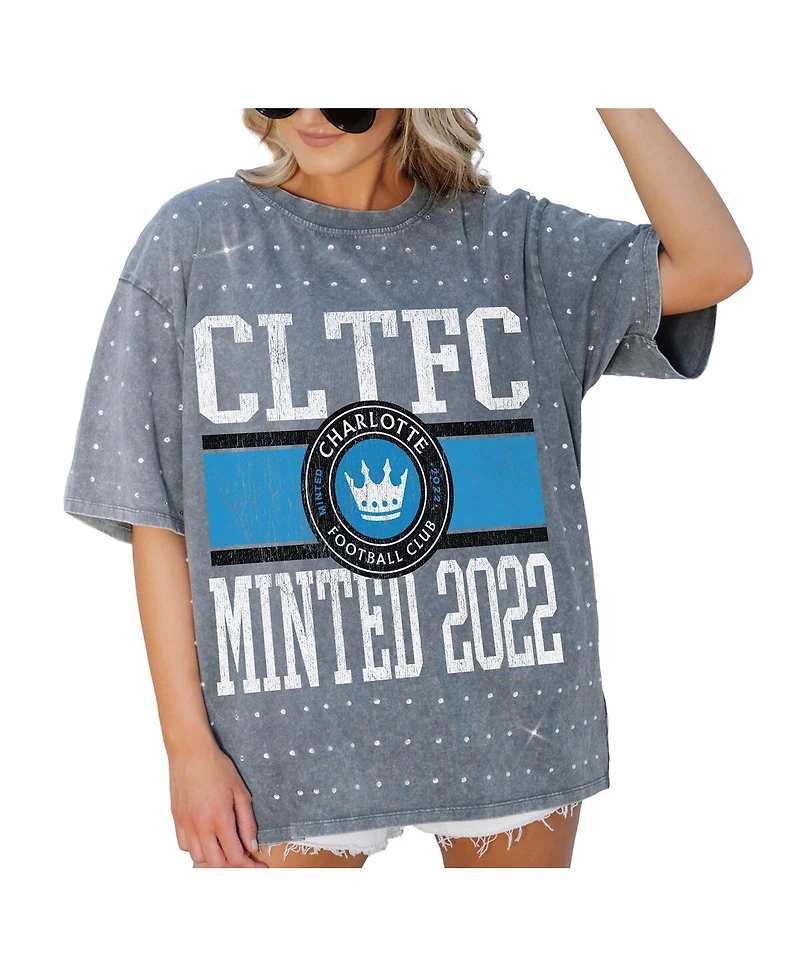 Gameday Couture Women's Gray Charlotte Fc Oversized Mini Rhinestone Classic T-Shirt