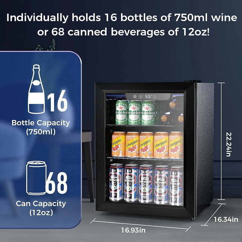 Cowsar 1.7 Cu.ft Beverage Refrigerator Cooler, 68 Can Mini Fridge Glass Door with Adjustable Shelves, Digital Temperature Display, Freestanding Small