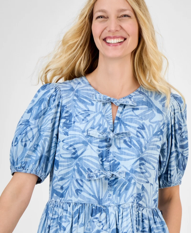 Nautica Jeans Women's Palm-Print Bow-Trim Dress