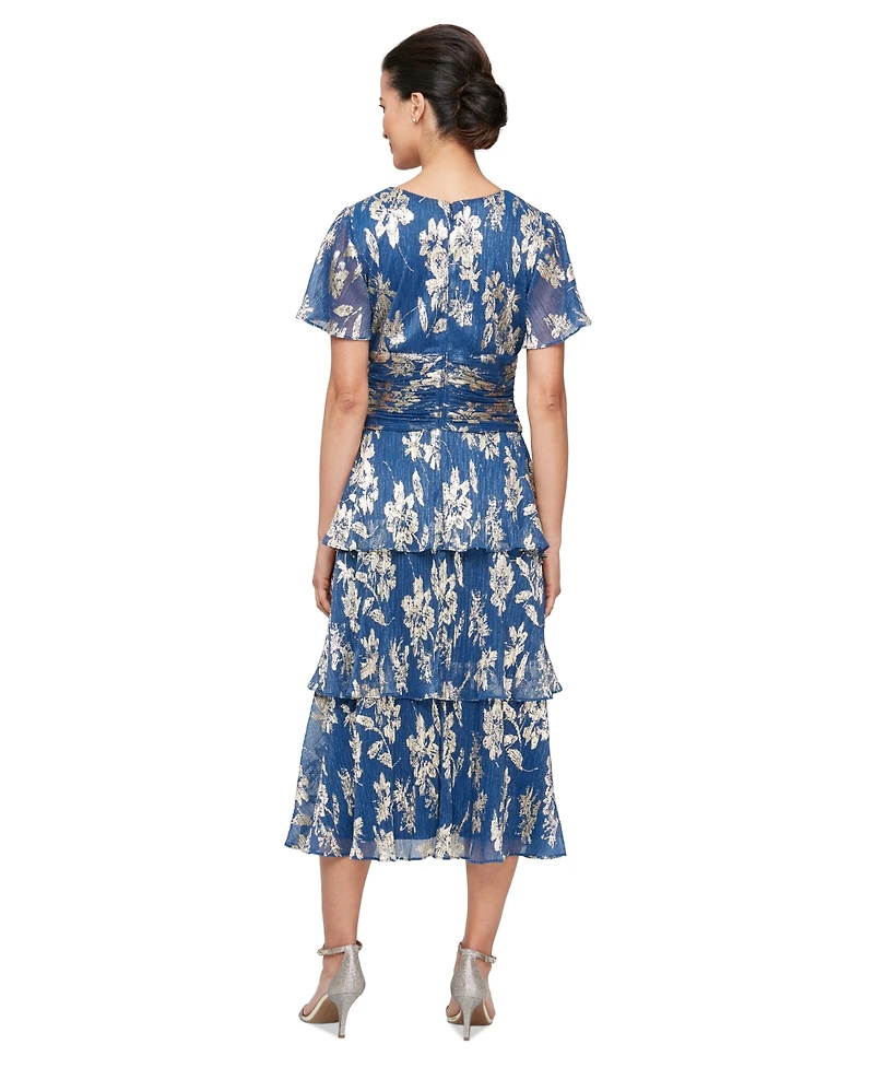 Sl Fashions Women's Floral Surplice-Neck Tiered Dress