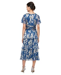 Sl Fashions Women's Floral Surplice-Neck Tiered Dress