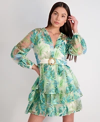 Siena Women's Leaf-Embroidered Mesh Belted Dress