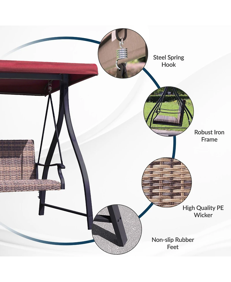 Aoodor Outdoor Rattan Patio Swing with Adjustable Canopy, Built-in Quick-drying Foam Seat, Stylish Design,for Porch,Garden,Yard