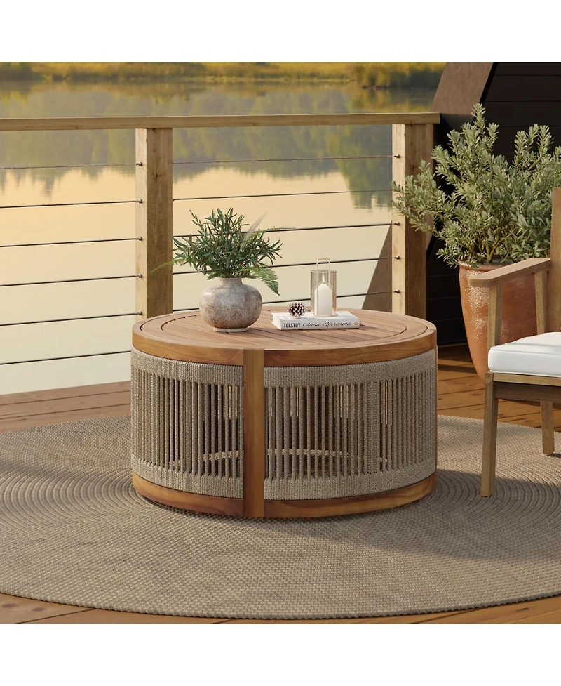 LuxenHome Outdoor Acacia Wood Rope Sides Round Drum Coffee Table