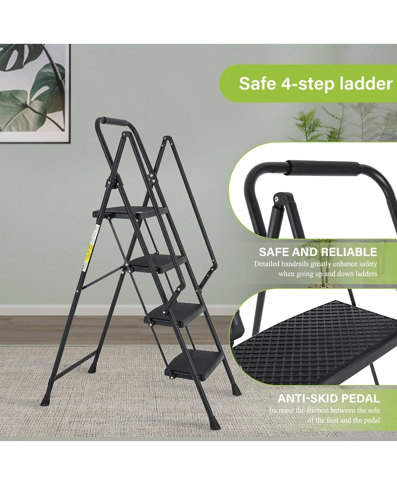 4-Step Steel Folding Step Stool Ladder with Wide Anti Slip Pedal and Safety Handle