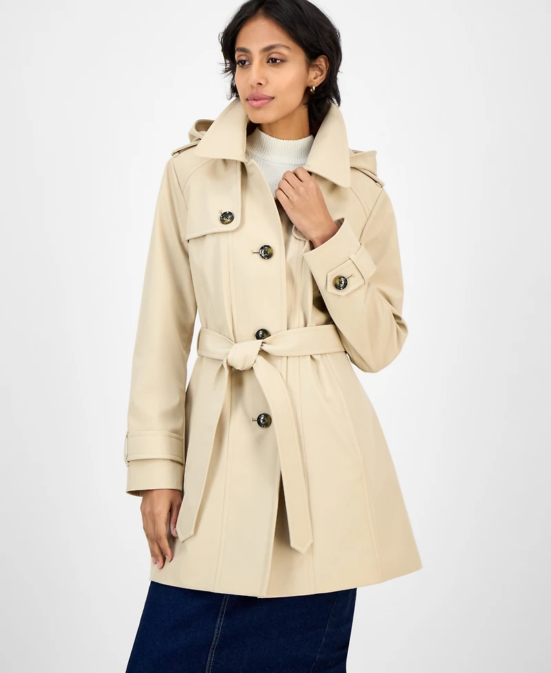 London Fog Women's Hooded Belted Zip-Front Raincoat