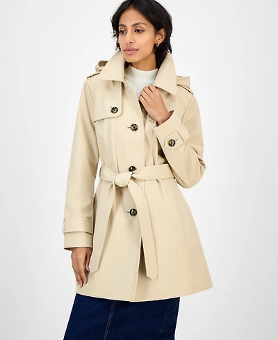 London Fog Women's Hooded Belted Zip-Front Raincoat