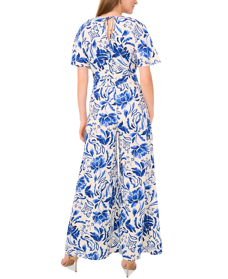 Msk Women's Printed Flutter Sleeve Wide-Leg Jumpsuit