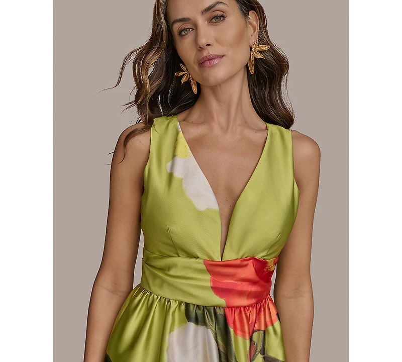 Donna Karan New York Women's Printed V-neck Floral Mikado Gown