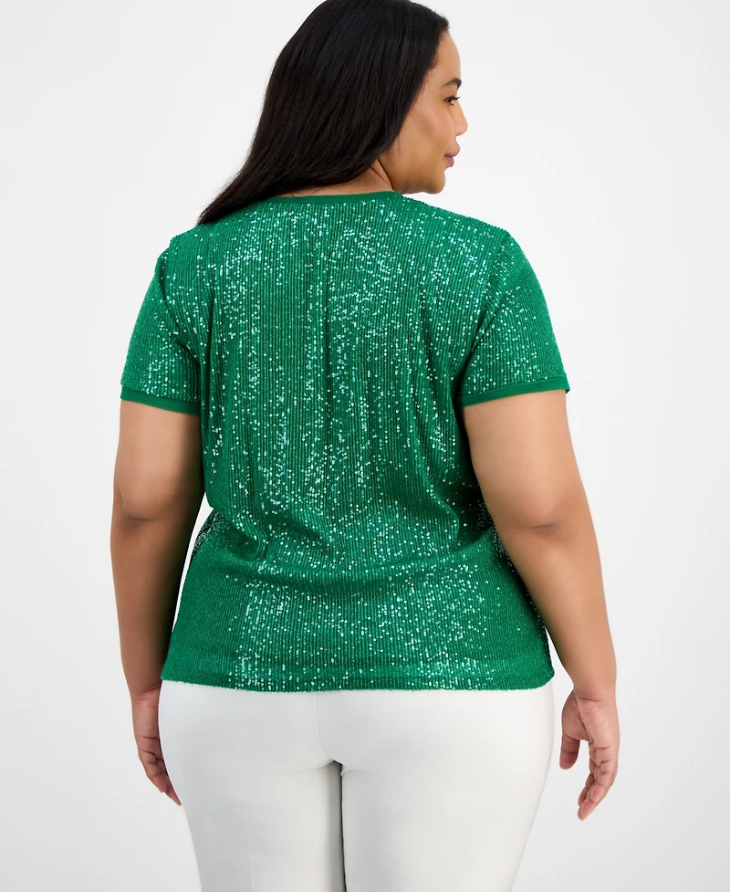 Anne Klein Plus Sequin-Embellished Short-Sleeve Top