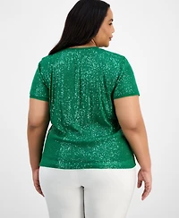 Anne Klein Plus Sequin-Embellished Short-Sleeve Top