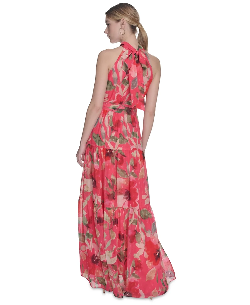Eliza J Petite High-Neck Sleeveless Tie-Waist Dress