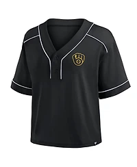 Fanatics Women's Black Milwaukee Brewers Oversized Champ Game Midi Cropped V-Neck T-Shirt