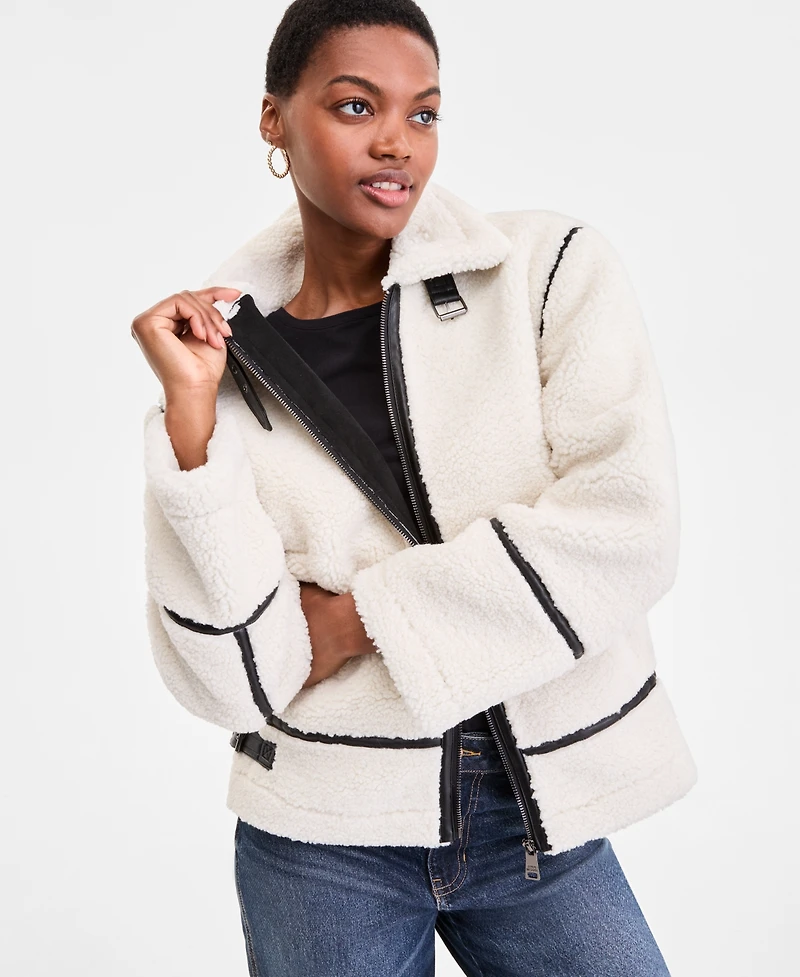 Steve Madden Women's Faux-Sherpa Faux-Leather-Trim Coat