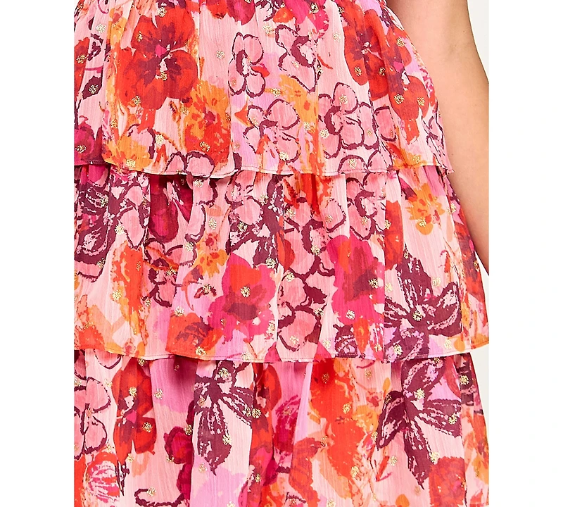 City Studios Juniors' Floral Glitter-Dot Tiered Dress