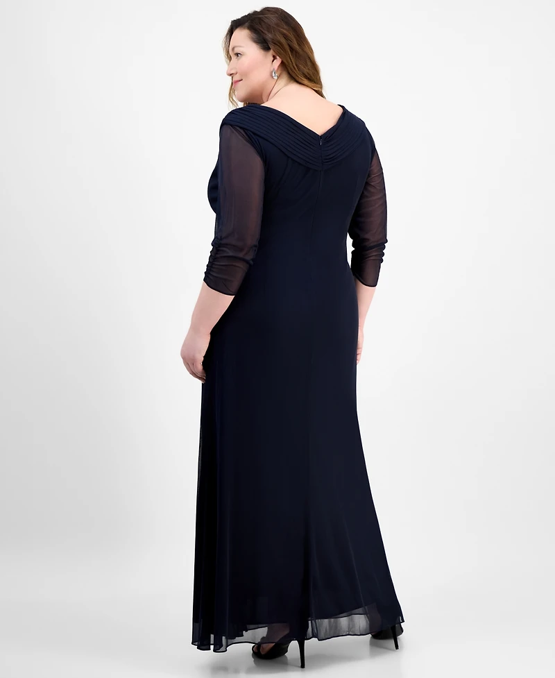 Alex Evenings Plus Size Portrait-Collar Side-Ruched A-Line Dress