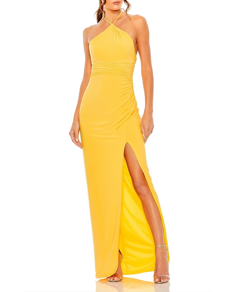 Mac Duggal Women's Halter Neck Ruched Side Front Slit Gown