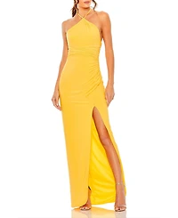 Mac Duggal Women's Halter Neck Ruched Side Front Slit Gown