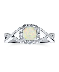 Bling Jewelry Delicate Dainty Pave Cz Halo Circle 1CTW Square Solitaire Created White Opal Promise Ring .925 Sterling Silver
