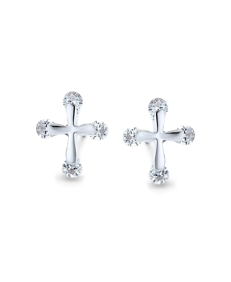 Bling Jewelry Dainty Cz Stud Earrings with Petite Religious Cross for in Sterling Silver