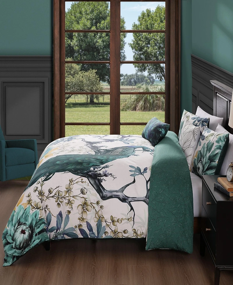 Bebejan Peacock Jardin Bedding 100% Cotton Sateen 5 Piece King Size Reversible Comforter Set