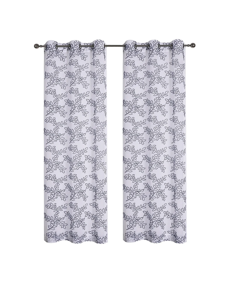 Kate Aurora 2 Piece Embroidered Ethan Floral Leaf Matte Sheer Grommet Top Curtain Panels - 84 in. Long Gray