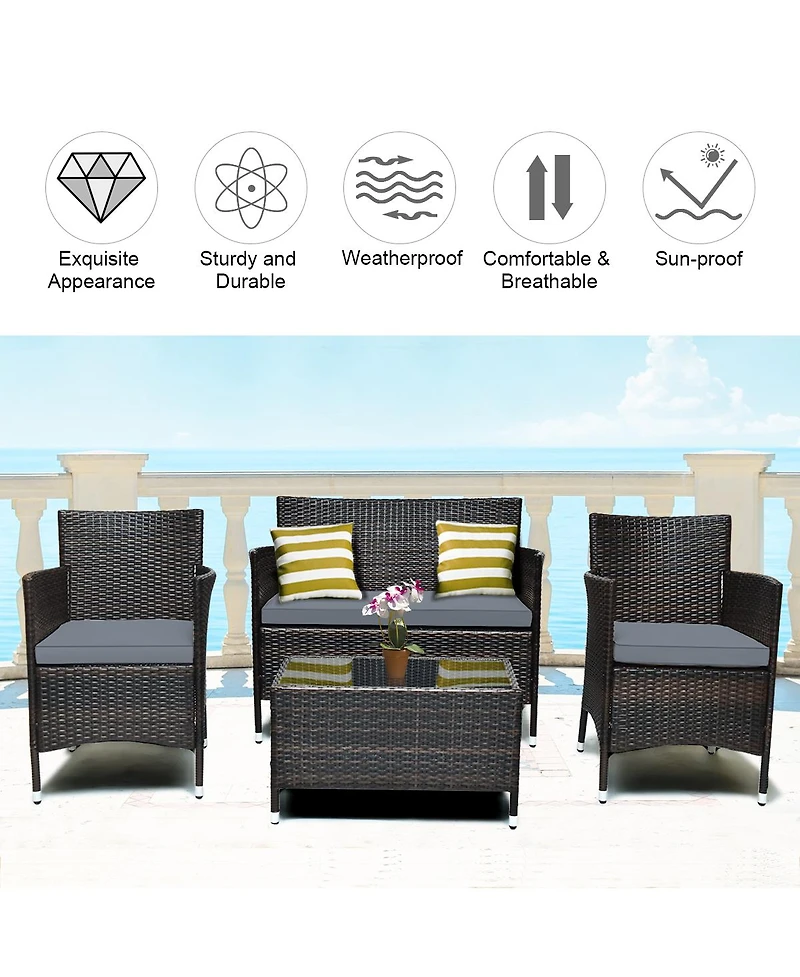 4 Pcs Outdoor Patio Rattan Furniture Set Table Shelf Sofa