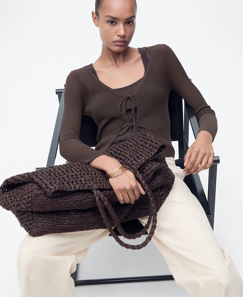 Mango Women's Ribbed Knit Bows Cardigan Sweater