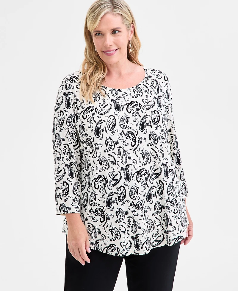 Jm Collection Plus Size Printed Scoop-Neck 3/4-Sleeve Top