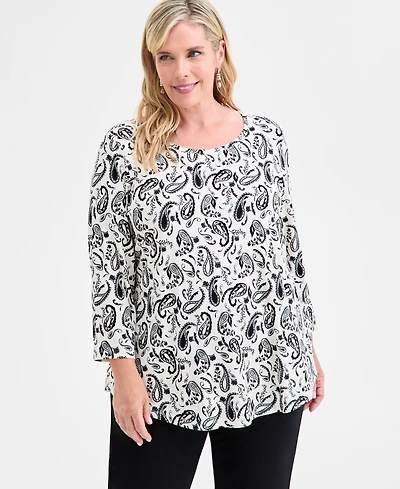 Jm Collection Plus Printed Scoop-Neck 3/4-Sleeve Top