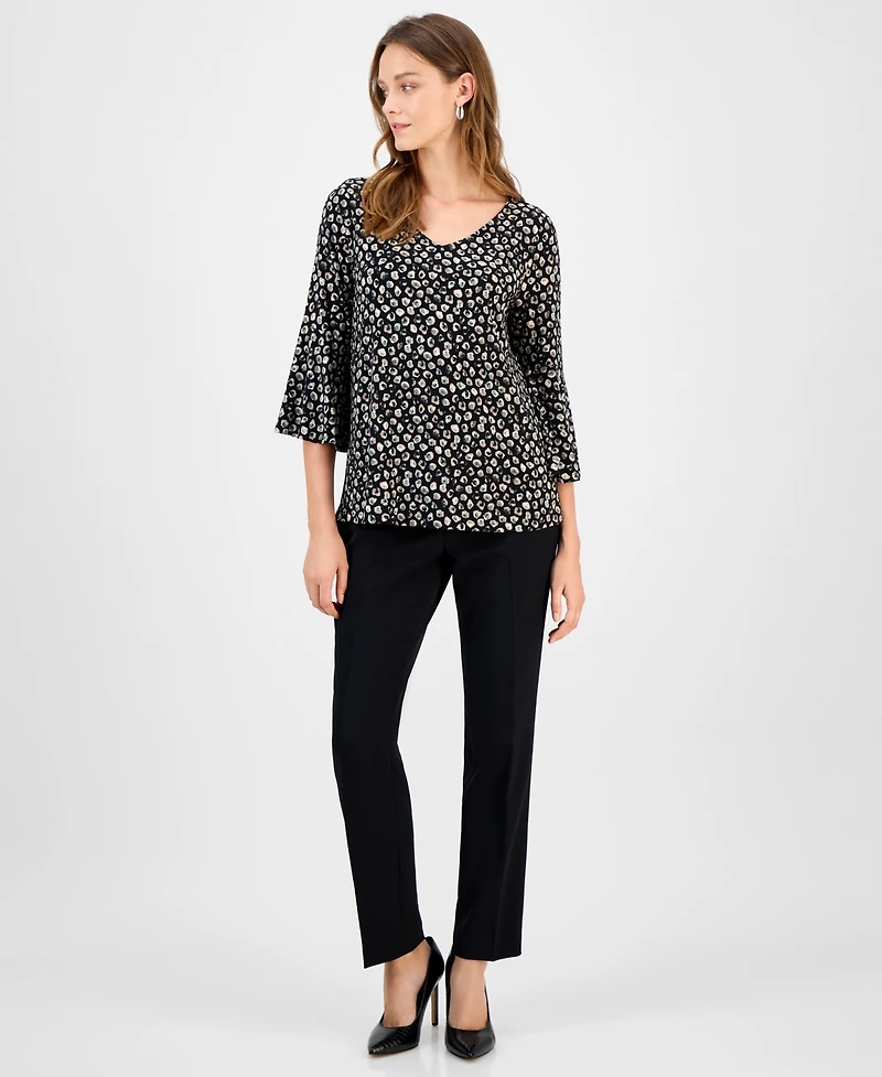 Kasper Women's Printed V-Neck Flare-Sleeve Top