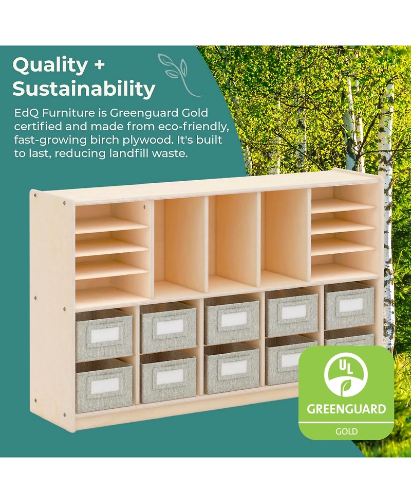 Guidecraft EdQ Shelves and 10 Bin Storage Unit 30" Natural: Wooden Bookcase with Compartments for Kids' Toys Books Playroom