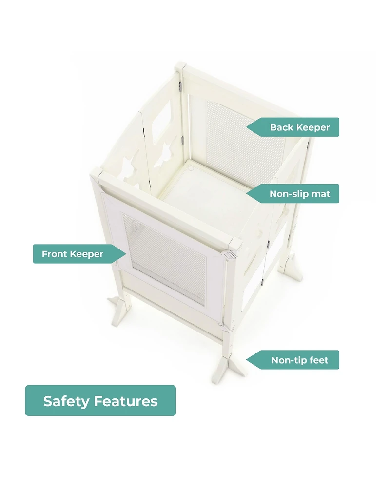 Guidecraft Classic Kitchen Helper Kids' Step Stool - Ivory: Folding, Adjustable Wooden Toddler Tower - Children's Learning Furniture