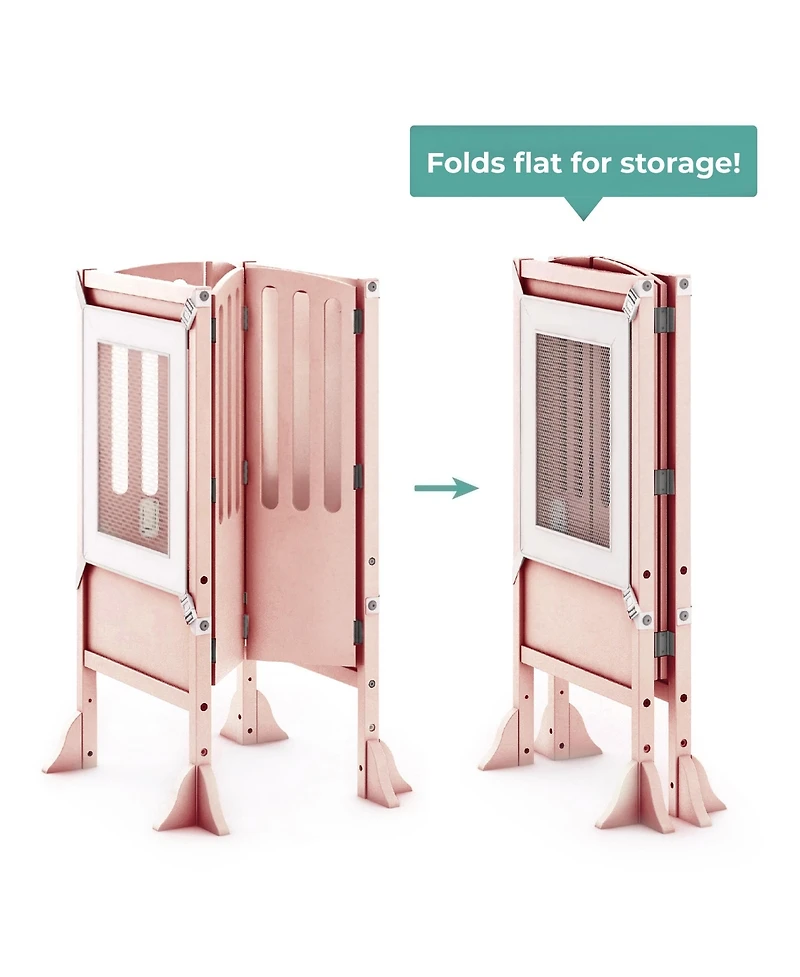 Guidecraft Contemporary Kitchen Helper Toddler Step Stool - Ivory: Adjustable, Kids Foldable Learning Toddler Tower with Safety Mat