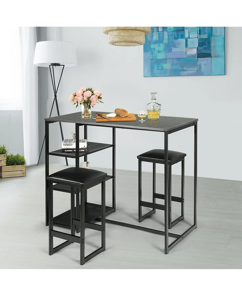 3 Pieces Dining Set with Rectangular Faux Marble and 3 Metal Storage Shelves