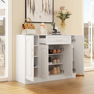 Single-drawer 4-door shoe cabinet, white multi-functional shoe rack, movable shelves
