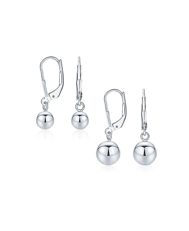 Bling Jewelry Set of 2 Round Dangle Drop Ball Earrings Silver 6MM & 8MM Beads Lever Back