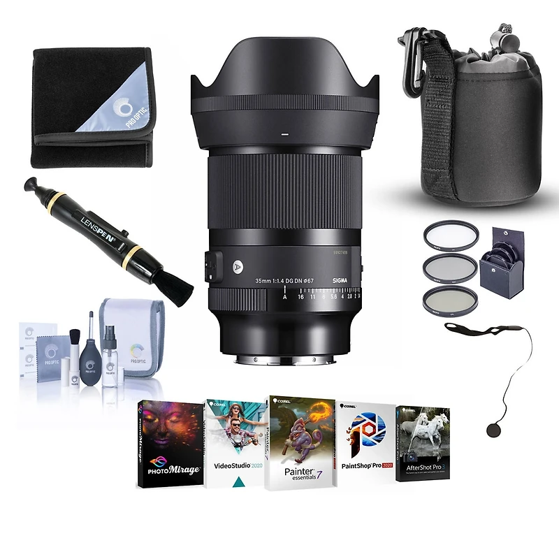 Sigma Af 35mm f/1.4 Dg Dn Art Lens for L Mount Bundle with Corel Pc Software Kit, 67mm Filter Kit, Pouch, Lens Cleaner, Cleaning Kit, Lens Cap Tether