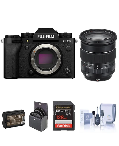 Fujifilm X-T5 Mirrorless Camera, Black with Xf 16-80mm f/4.0 R Ois Wr Lens, 128GB Sd Card, Extra Battery, 72mm Filter Kit, Cleaning Kit
