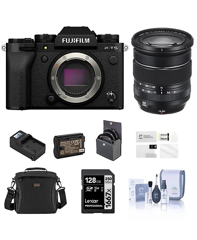Fujifilm X-T5 Mirrorless Camera, Black with Xf 16-80mm f/4.0 R Ois Wr Lens, 128GB Sd Card, Shoulder Bag, Extra Battery, Charger, 72mm Filter Kit, Scre