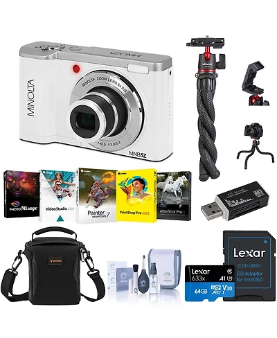 Minolta Minolta MNB5Z 56MP 5K Ultra Hd 2.8" Lcd Screen Digital Camera, White, Bundle with Shoulder Bag, 64GB Memory Card, Tripod, Cleaning Kit, P