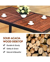 7PCS Patio Rattan Dining Set 6 Stackable Chairs Cushioned