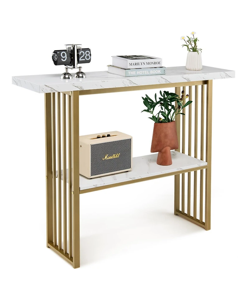 48 Inch 2-Tier Console Table with Gold Finished Frame-White