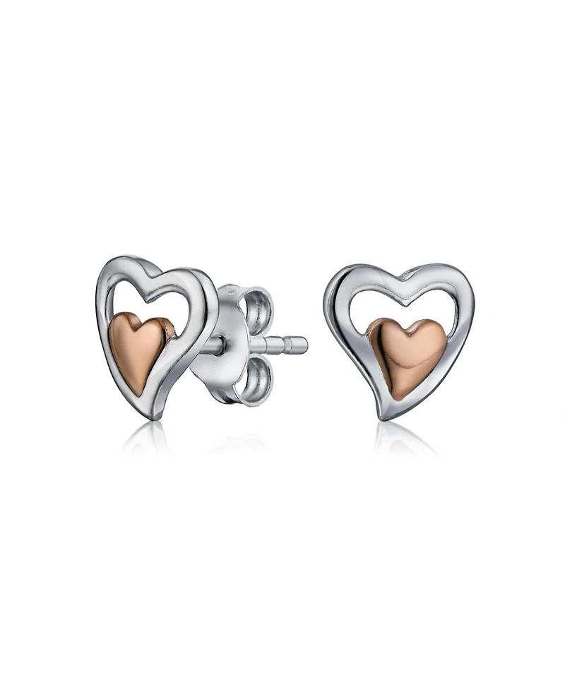 Bling Jewelry Set of 2 Double Open Heart Shaped Puffed Stud Earrings Rose Gold Plated Silver