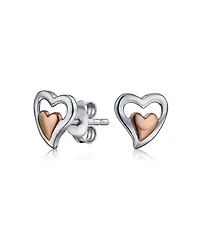 Bling Jewelry Set of 2 Double Open Heart Shaped Puffed Stud Earrings Rose Gold Plated Silver