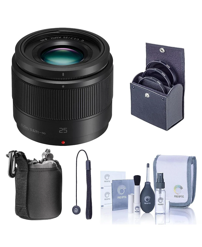 Panasonic Lumix G 25mm f/1.7 Aspherical Lens for Micro Four Thirds, Bundle with 46mm Filter Kit, Cleaning Kit, Lens Case, Lens Cap Tether
