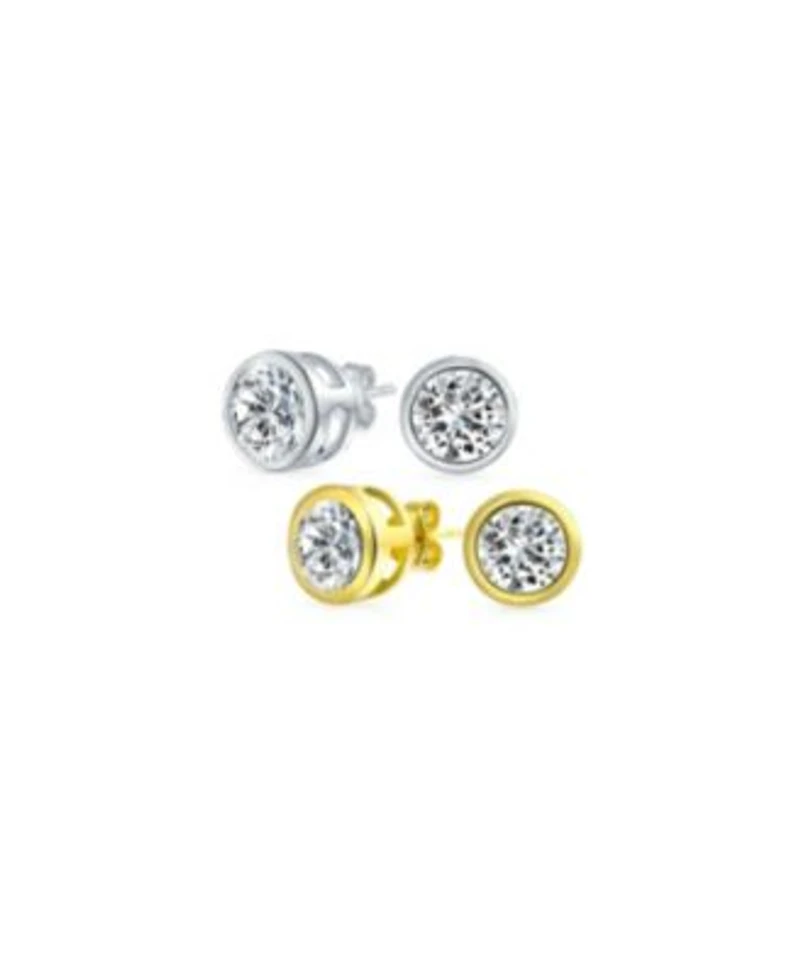 Bling Jewelry Set of 2 Simple Martini Bezel Set Cz Stud Earrings Gold Plated Sterling Silver