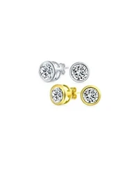 Bling Jewelry Set of 2 Simple Martini Bezel Set Cz Stud Earrings Gold Plated Sterling Silver