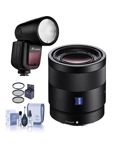 Sony Sonnar T Fe 55mm f/1.8 Za Lens for Sony E, Bundle with Flashpoint Zoom Li-on X R2 Ttl Flash, 49mm Filter Kit, Cleaning Kit
