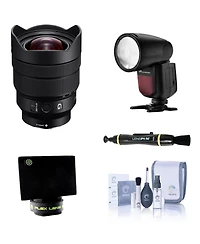 Sony Fe 12-24mm f/4 G Lens for Sony E, Bundle with Flashpoint Zoom Li-on X R2 Ttl On-Camera Round Flash Speedlight, Flex Lens Shade, Cleaning Kit, Len